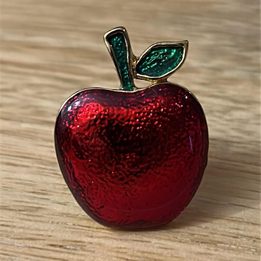 Red Apple Brooch Pin marked Thailand shiny red Apple